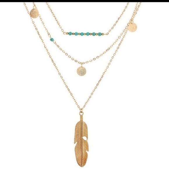 Boho Gold Turquoise Bar Layered Feather Necklace - Picture 2 of 4